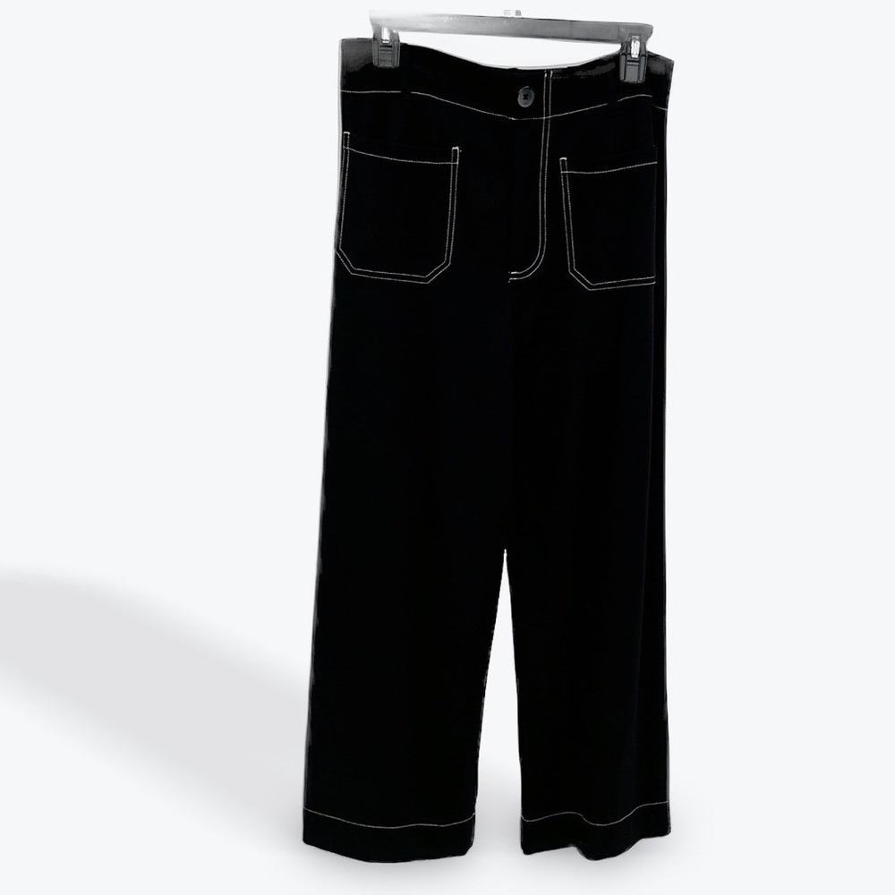 Jones & Co Black Wide Leg Pants Contrast Stitch Women's Size 8 Flare Trousers